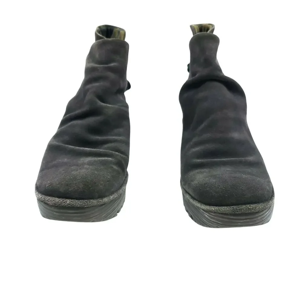 Fly London Yama Booties EU 37 Gray Suede Leather Lace Up Ankle Wedge Boots